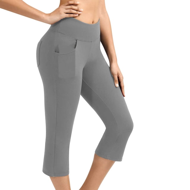 Womens Knee Length Leggings High Waisted Yoga Workout Exercise Capris For Casual Summer With Pockets