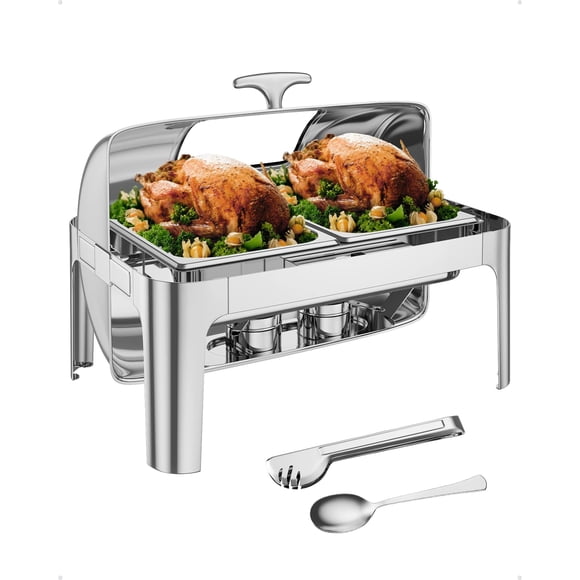 Towallmark 9QT Roll Top Chafing Dish Buffet Set,Rectangle Stainless Steel Catering Food Warmer Comes with 2 Half Size Pans, Catering Warmer Server with Visible Lid Water Pan Stand Fuel Holder Clip