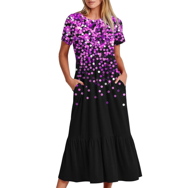 Women's Short Sleeve Printed Dress, Round Neck Casual Dress with All-Over Pattern, Lightweight Polyester Machine-Washable Dress for Daily Wear
