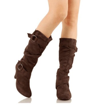 Mikilon Bottes Hautes d'Hiver pour Femmes à Talon Moyen, à Boucle de Ceinture, Bout Rond, en Suède, Couleur Unie