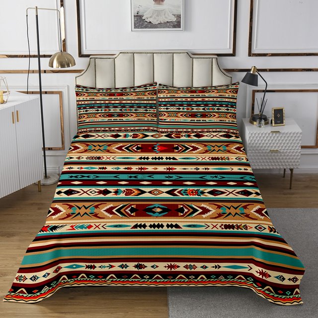 Western Quilt Set Geometric Aztec Bedspread Set King,Southwestern Coverlet Set Exotic Tribal Arrow Quilted,Geometry Triangle Western Room Decor