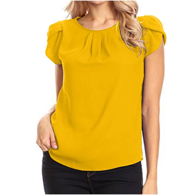 Chemises à Manches Courtes pour Femmes Chemisier en Chiffon Uni à Manches Courtes Col Rond Chemise Décontractée Blouse à Manches Courtes pour Femmes Blouses à Manches Courtes pour Femmes Hauts à Manches Courtes pour Femmes