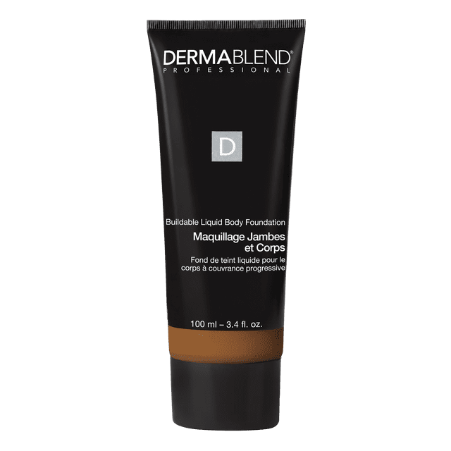 Dermablend Leg and Body Makeup, Buildable Liquid Foundation 70W centered front view of pump bottle in pale warm 70W shade, buildable liquid formula for full-coverage, transfer-resistant wear and all-day hydration that evens skin tone; suitable for makeup artists to camouflage scars or birthmarks.