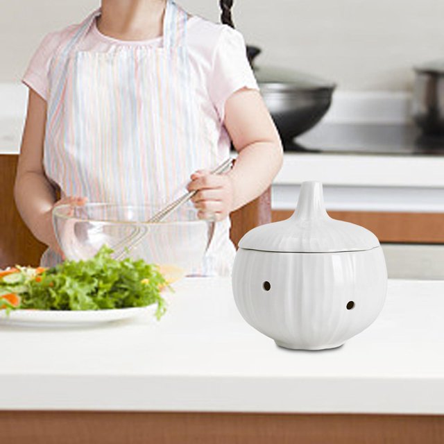 Ceramic Garlic Keeper Garlic Container Saver with Lids Canister Collection Round White