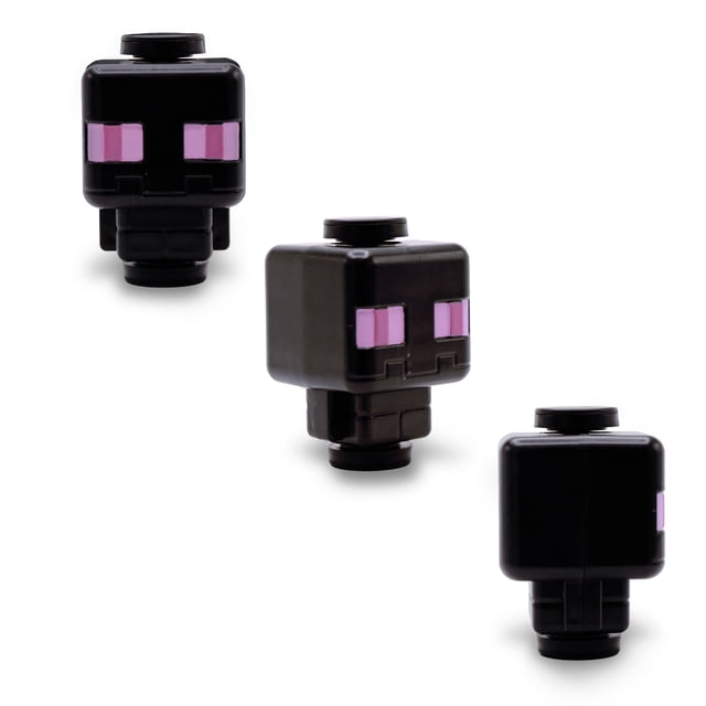 Minecraft Toupies Anti-Stress - Enderman Montrant une Tête d'Enderman Noire Pixélisée avec des Yeux Violets Vus de l'Avant, du Côté et de l'Arrière sur Fond Blanc, Conçu comme un Jouet Anti-Stress de Collection avec une action de Rotation Fluide, Idéal pour Soulager le stress et Favoriser la Concentration.