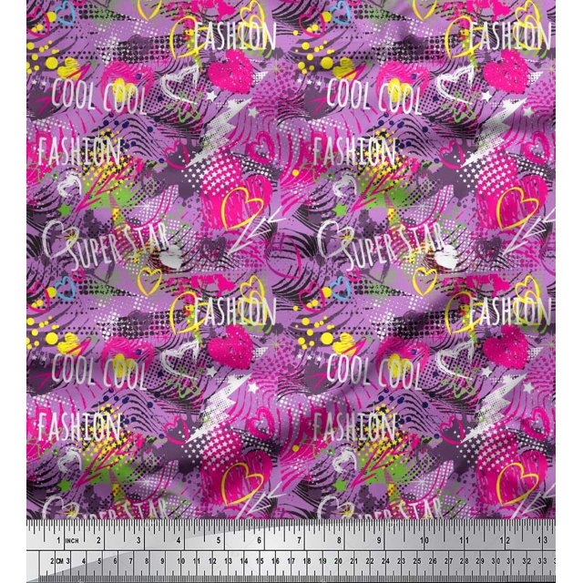 Soimoi Purple Rayon Fabric Heart,Star & Fashion Text Print Sewing Fabric Yard 56 Inch Wide