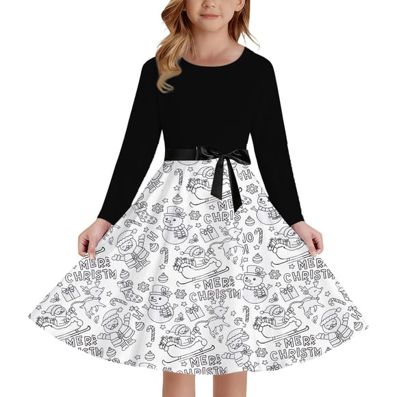 oqasdz Girls Dresses Print Party Dress with Lace Up Front Long Sleeves and Back Elastic Zipper for Holiday Festive Pageant Gown