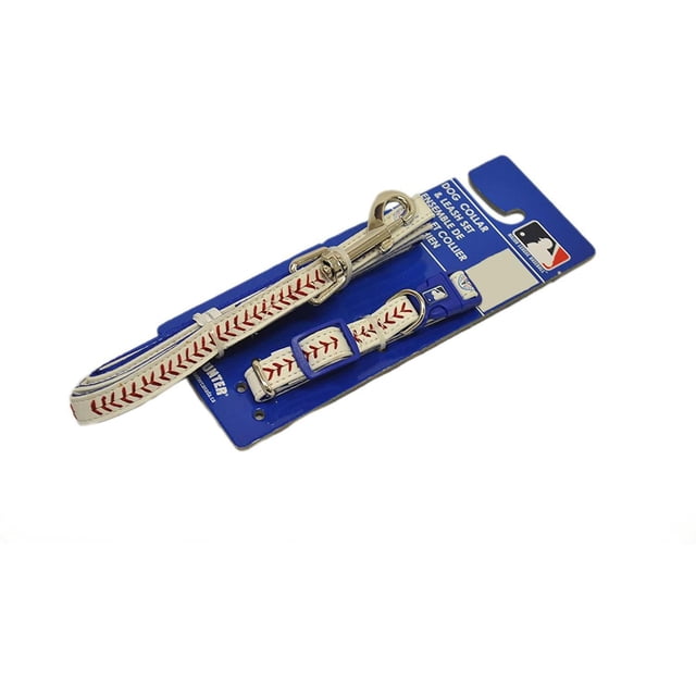 Silverpaw Toronto Blue Jays Official Collar and Leash Set Large centered, front-facing large 100% polyester collar (18-26" L) and 5 ft leash in Toronto Blue Jays team colors with printed logo, metal D-ring and quick-release buckle on white background; suitable for leash walking and attaching ID tags, often used to store spare ID or waste bag clips during travel.