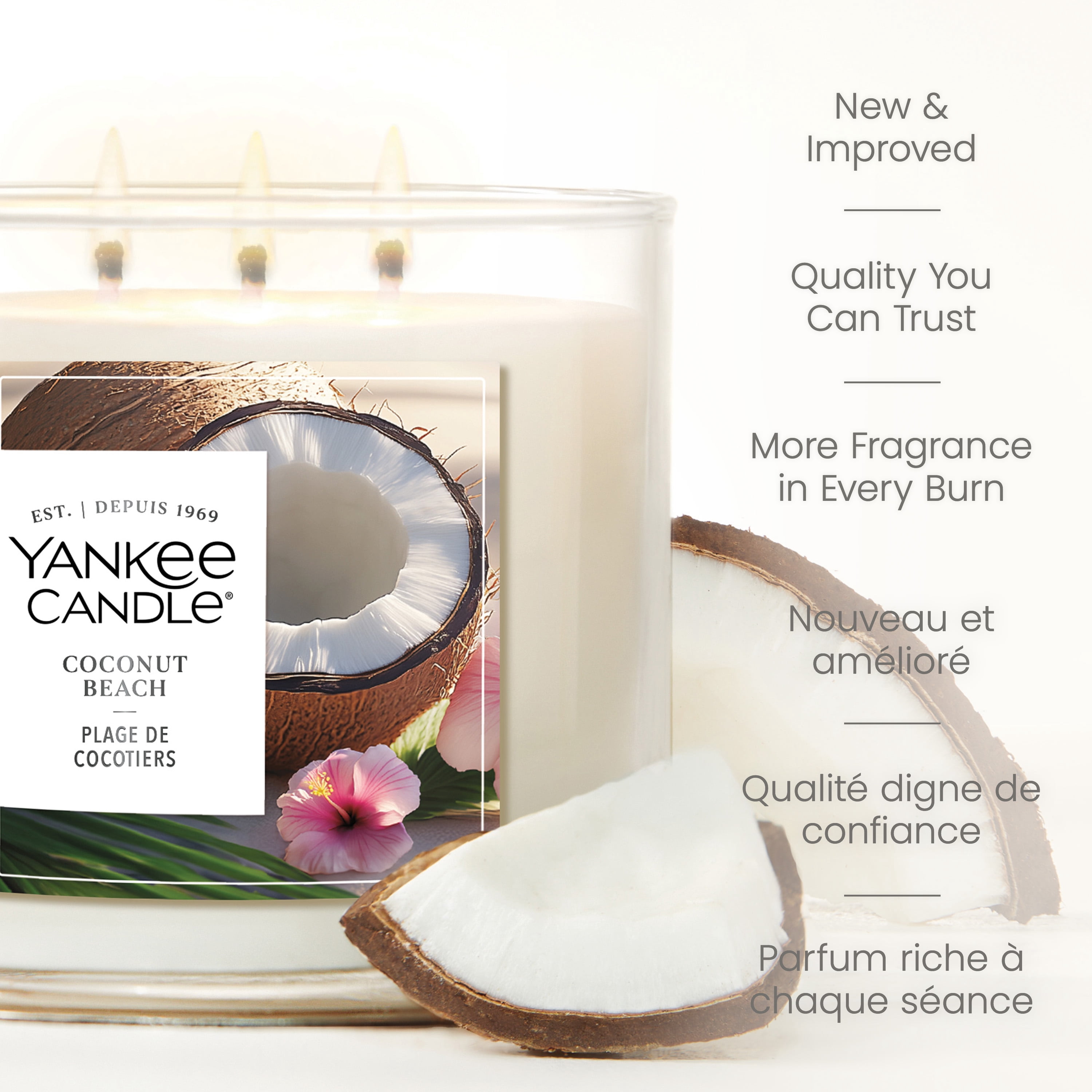 Bougie Yankee Candle en pot à 3 mèches, parfumée avec jusqu’à 40 heures de temps de combustion, mélange de cire de soya pour un parfum constant et durable, plage de cocotiers