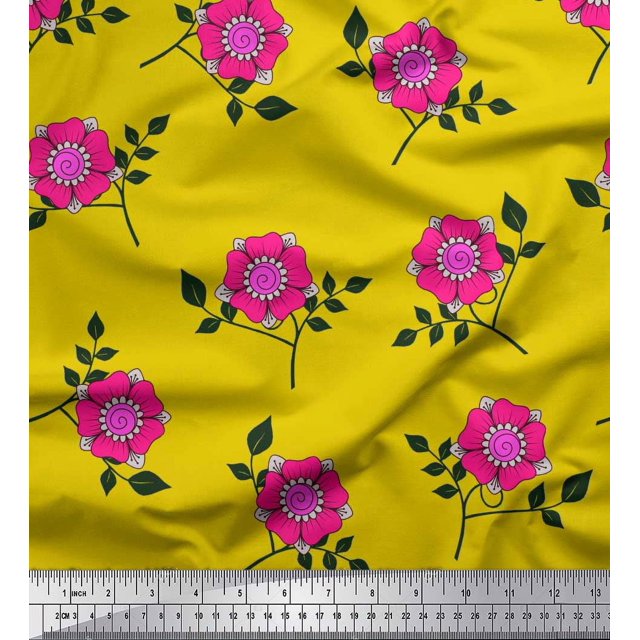 Soimoi Rayon Fabric Leaves & Pink Flower Floral Decor Fabric Printed Yard 42 Inch Wide