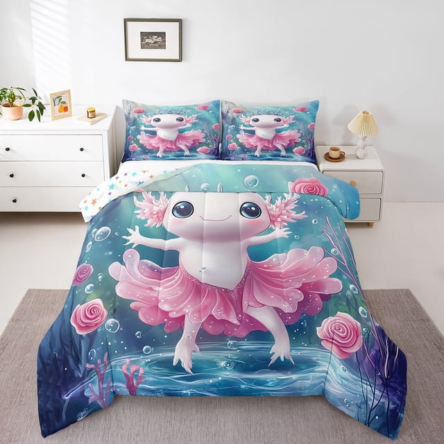 Erosebridal Girls Axolotl Comforter Sets Full Size, Stars Print Reversible, Soft 3-Piece