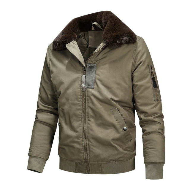 EQWLJWE Winter Parkas for Men, a warm outdoor padded puffer jacket with a turn-down collar and zipper closure. The jacket is shown in an olive green color with a brown faux fur-lined collar, ribbed cuffs, and multiple pockets, including a zippered sleeve pocket. Designed for winter and outdoor use, it offers windproof protection and a casual, stylish fit.