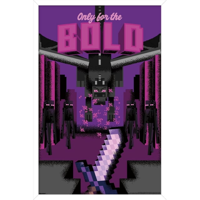 Minecraft : Discover - Seulement pour l'Affiche Murale Audacieuse, 14,725 Pouces x 22,375 Pouces Encadrée, Représentant des Endermen et le Dragon Ender Pixélisés avec des Yeux Violets Lumineux sur un Fond Violet, avec une Épée Pixélisée au Premier Plan, Convient à l'Art Mural de Jeu et à la Déco de Chambre Audacieuse.