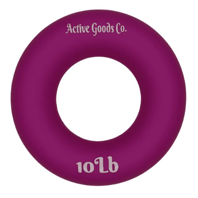 Bague en Silicone de 10 Lb pour Exerciseur de Main par Active Goods Co., Présentant un design Violet Vif avec un Diamètre de 2,5 Pouces. Fabriquée en Silicone Antidérapant de Haute Qualité, Ce Renforceur de Prise Est Idéal pour l'Entraînement de Résistance, Améliorant la Force de la Main et de l'Avant-bras. Convient aux Athlètes, Musiciens et Grimpeurs.