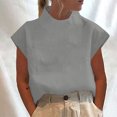 thumbnail image 2 of Olyvenn Hauts en Coton et Lin pour Femmes, Chic, Manches Cap, T-Shirts Amples, Couleur Unie, Col Roulé, Tuniques Décontractées pour le Travail, Blouses, Gris, TTG, 2 of 6