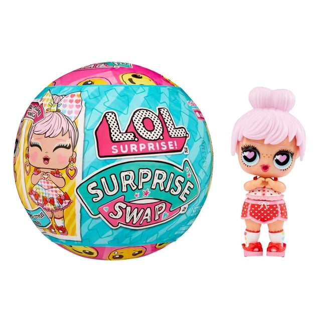 L.O.L. Surprise! Surprise Swap Tots collectible doll with pink hair in a top bun, wearing a white and red polka dot outfit with red heart-patterned shorts and red shoes, shown next to its colorful blue and pink spherical packaging featuring the L.O.L. Surprise! Surprise Swap logo and cartoon doll artwork.