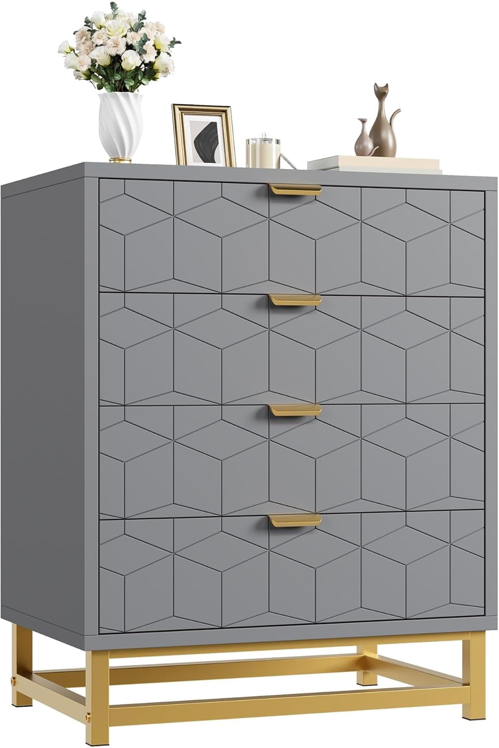 Dresser for Bedroom, 4 Drawer Dresser with Metal Legs, Wood Dressers Chest Organizer with Wide Storage, Modern Chest of Drawers for Bedroom, Living Room, Hallway, Grey