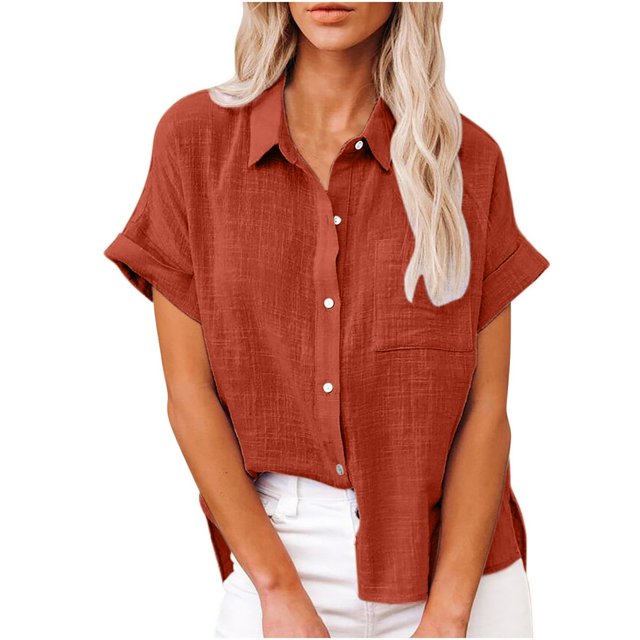 Ichuanyi Womens Cotton Button Down Shirt Casual Short Sleeve Loose Fit Collared Linen Work Blouse Tops with Pocket