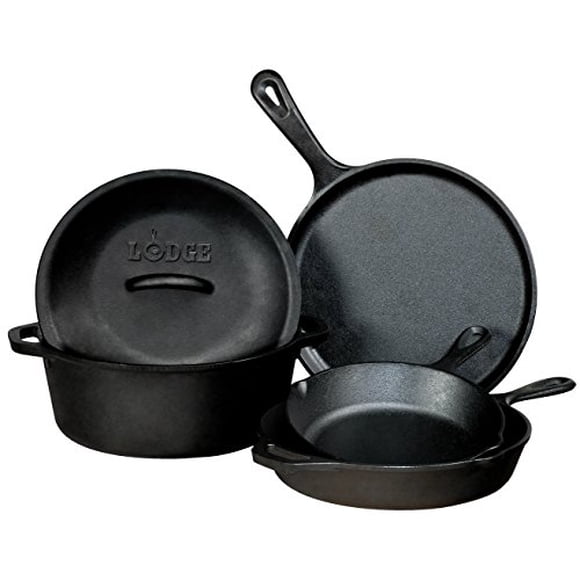 Lodge Ensemble de 5 Pcs en Fonte Assaisonnée. Plaque de Cuisson 10,5 Pouces, Poêle 8 Pouces, Poêle 10,25 Pouces, Cocotte 10,25 Pouces et Couvercle 10,25 Pouces