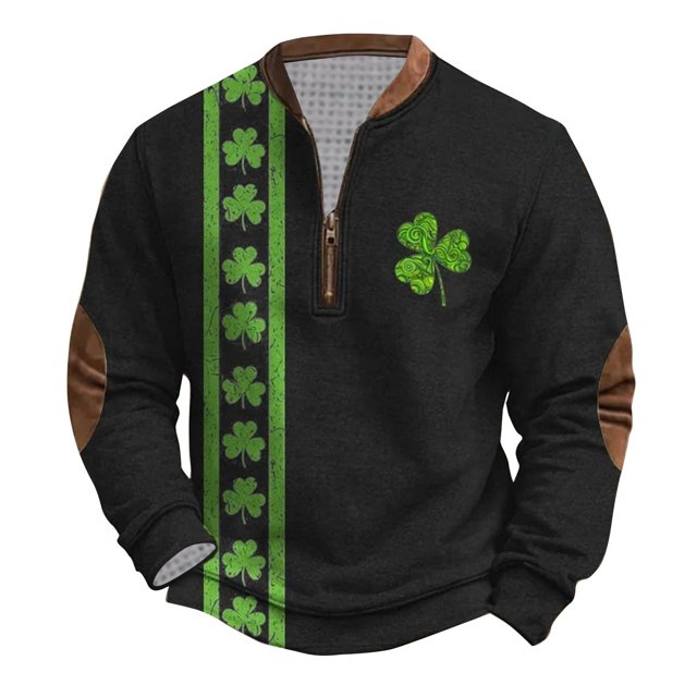 Penkiiy St Patricks Day Shamrock Patch Chest Print 1/4 Zip Sweatshirt 4XL Multicolor