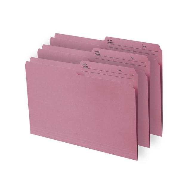 Continental Letter size File Folders in pink colour, 12 count, showing a staggered set of eco-friendly paper folders with 1/2 cut reversible tabs labeled for name and number, featuring three horizontal fold lines for bulky document handling, suitable for office filing and desk organization.