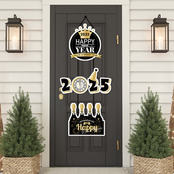 Happy Year 2025 Pendentif de Porte en Papier « » Décoration, Lot de 2, Scène de Fête, Ornement Suspendu pour Serrure de Porte, Ornement de Rideau de Fenêtre, Décoration de Maison Intérieur Extérieur pour les Fêtes, Ruban Inclus 32,8 Pi