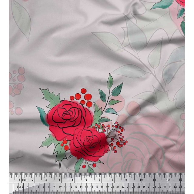Soimoi Tissu en Coton Canard Imprimé Feuilles de Houx & Roses au Mètre 42 Pouces de Large