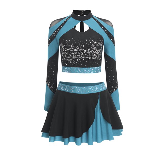 Aislor Womens Shiny Rhinestone Cheerleading Uniform 2 Piece Set Long Sleeve Crop Top & Skirt For Dance Sky Blue XXL