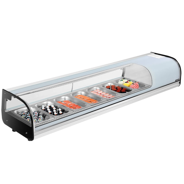 VEVOR Sushi Display Case Refrigerator, 2.5 Cu.ft Commercial Sushi Case, 7-Pan Countertop Showcase with Curved Glass, LED Lighting, and Digital Temperature Control centered front view of a 72L (2.5 cu.ft) countertop sushi showcase with curved tempered glass canopy, seven SUS304 stainless 1/3 GN pans, stainless-steel interior liner, rear digital thermostat showing adjustable 2–8°C (35.6–46.4°F), LED illumination and rear sliding doors for access; suitable for sushi bars, restaurants and deli counters and often used to display sushi, sashimi, cheese or desserts.