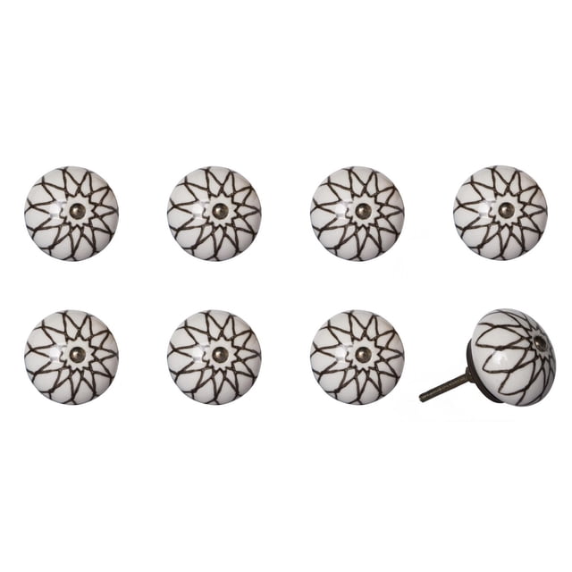 KNOB-IT VINTAGE HANDPAINTED CERAMIC KNOBS (8 Pack) K000001 showing eight white ceramic cabinet knobs with black handpainted starburst patterns and central metal bolts, one knob angled to reveal the 1.25-inch bolt that can be trimmed, ideal for cabinets, drawers, and cupboards with easy installation.