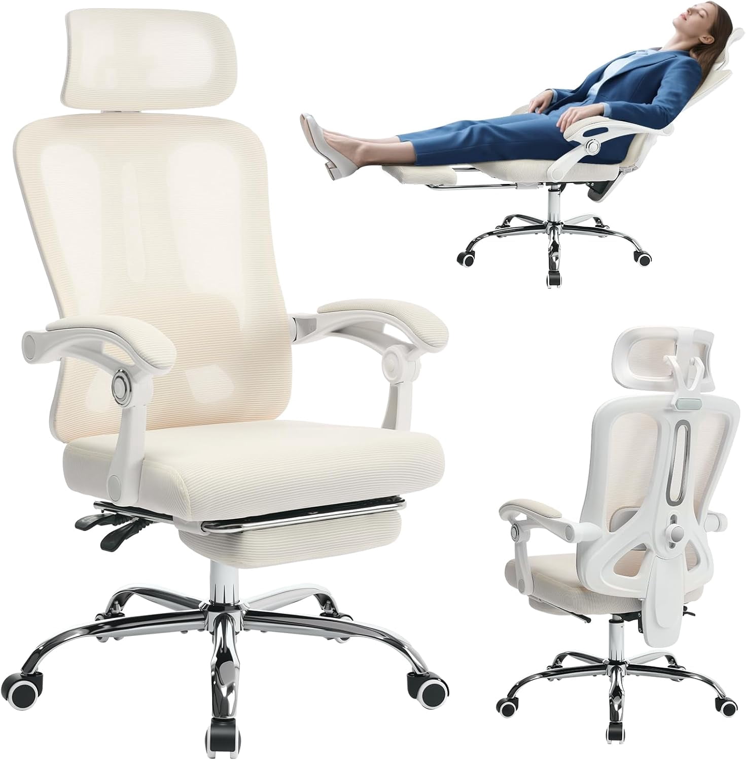 Ergonomic Office Chair - Home Desk Chair with Footrest, High-Back Mesh Computer Chair with Adjustable Lumbar Support Headrest, Swivel Rolling Task Chairs for Home, Office