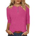 thumbnail image 1 of Yuyuzo Womens 3/4 Sleeve Tops Basic Button Crew Neck Solid Color Loose Fitted Tunics Tee Blouses, 1 of 5