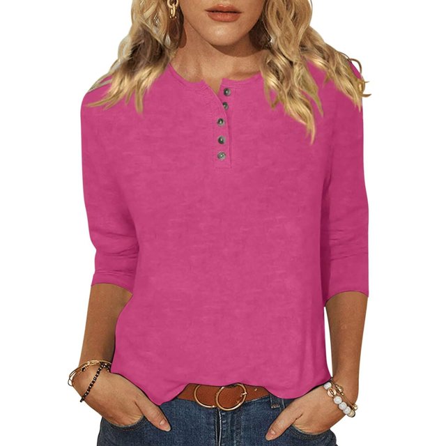Yuyuzo Womens 3/4 Sleeve Tops Basic Button Crew Neck Solid Color Loose Fitted Tunics Tee Blouses