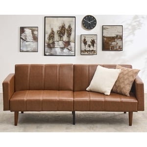 BeesClover 75" Futon Sofa Bed, Mid-Century Modern Futon Couch, Convertible Sleeper Sofa with Adjustable Backrest, Loveseat, Small Sofa with Side Pockets, PU Leather Sofa Couch for Living Room