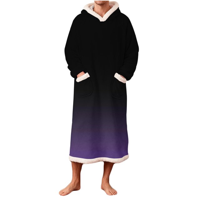 RXMEKW Gradient Fleece Hooded Robe for Men with Pockets, Long Sleeve Bathrobe for Lounging, Print