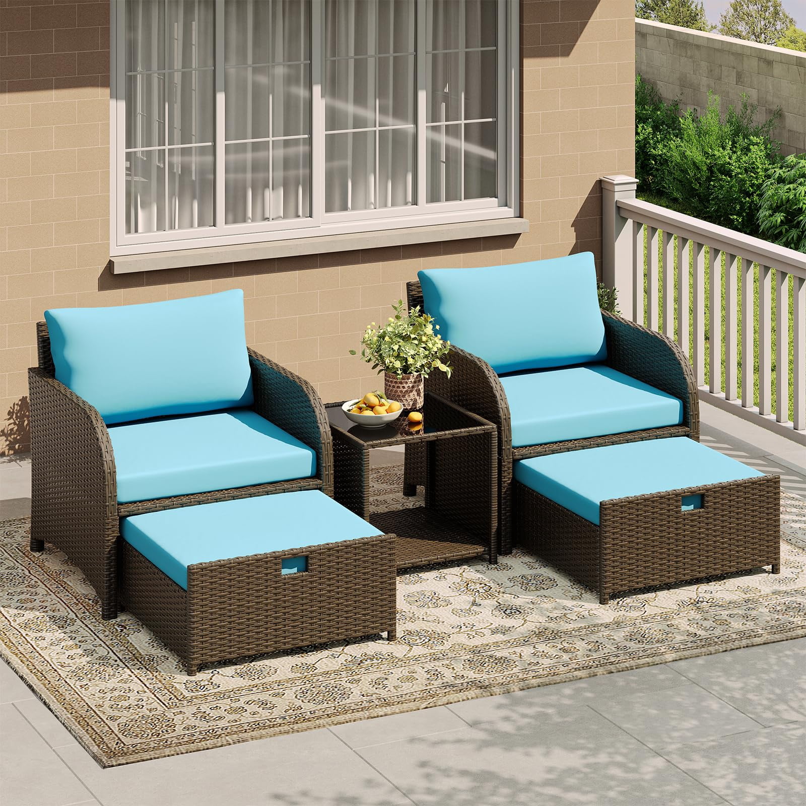 Patio Furniture Heavy Duty 5-Piece Set – PE Rattan Wicker Lounge with Hidden Ottomans & Glass Table – Outdoor Conversation Set for Porch, Backyard & Balcony – Blue