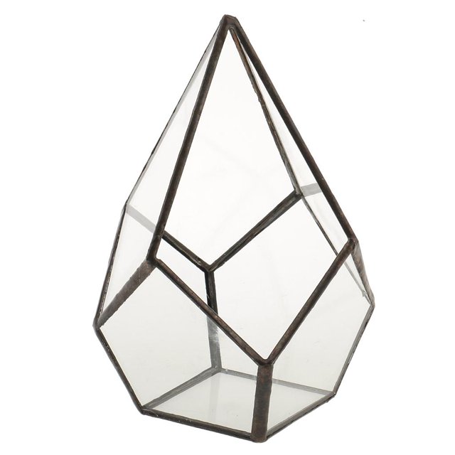 Jardinière de Terrarium Géométrique en Verre en Forme de Fougère par Luzkey, Présentant un design Moderne en Forme de Goutte avec des Panneaux en Verre Transparent et un Encadrement en Métal. Idéale pour les Petites Plantes, les Succulentes, les Cactus en Pot Ou des Articles Décoratifs comme des Bougies. Mesure Environ 12x12x17cm (4.72x4.72x6.69 Pouces).