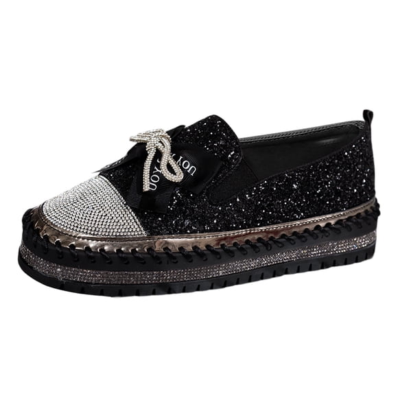 GPOECD Chaussures Mocassins pour Femmes Mode Couleur Unie Paillettes Nœud Décontractées Confortables Légères Chaussures pour Femmes Noir,42