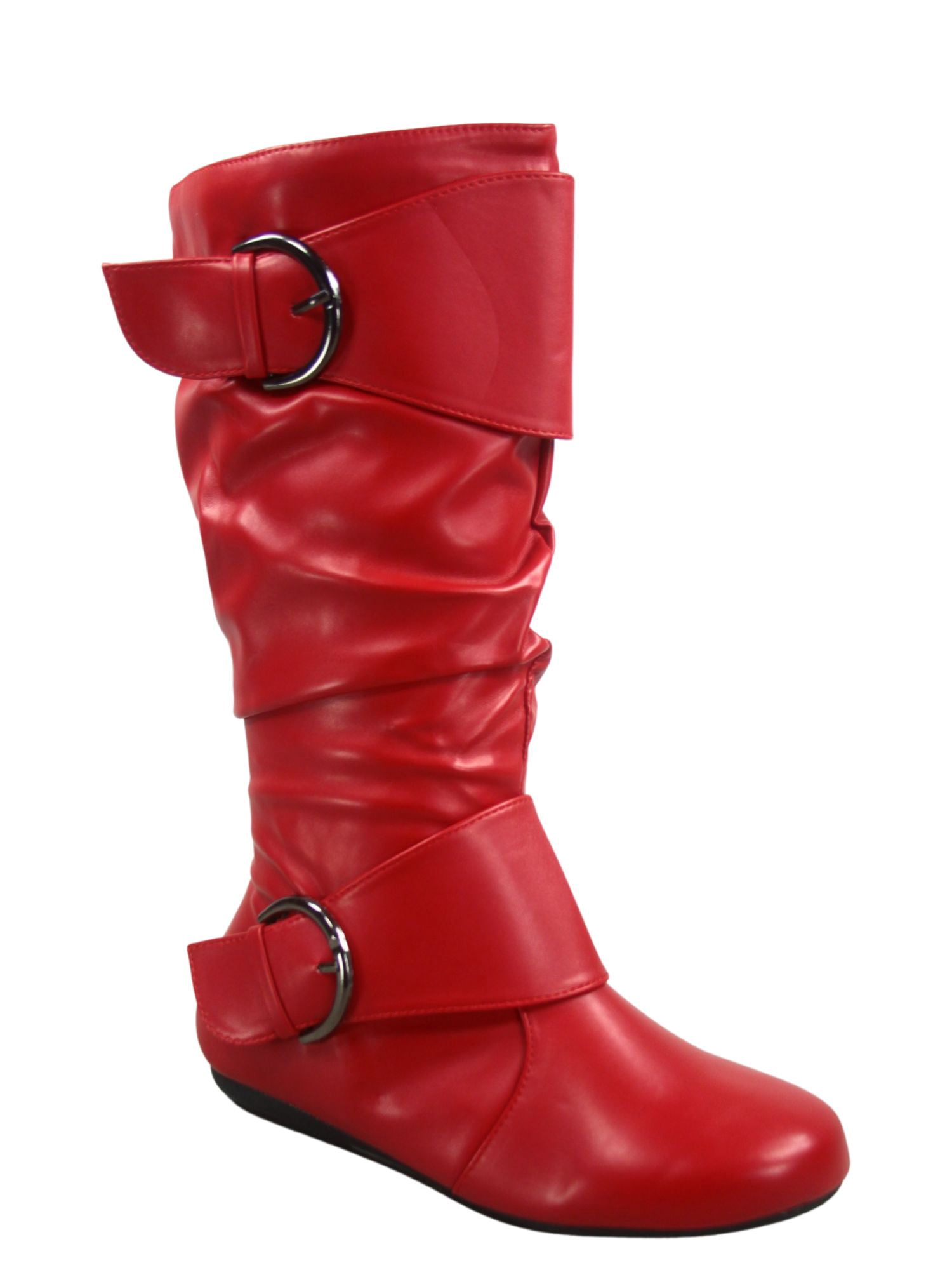 Bottes Mi-Mollet à Bout Rond pour Femmes Zone 80 en Similicuir à Fermeture Éclair et Boucle, Style Plissé Décontracté, Talon Plat ( Rouge, 7)