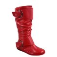 thumbnail image 1 of Bottes Mi-Mollet à Bout Rond pour Femmes Zone 80 en Similicuir à Fermeture Éclair et Boucle, Style Plissé Décontracté, Talon Plat ( Rouge, 8), 1 of 2