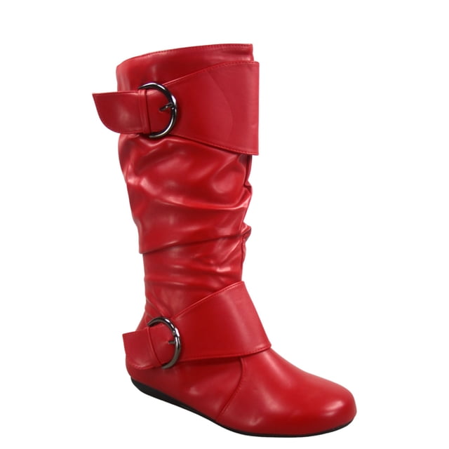 Bottes Mi-Mollet à Bout Rond pour Femmes Zone 80 en Similicuir à Fermeture Éclair et Boucle, Style Plissé Décontracté, Talon Plat ( Rouge, 8)
