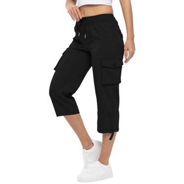 Ohufall Cotton Capris for Women Elastic Waist Drawstring Solid Cargo Pants Trendy Plus Size Straight Leg Pockets Cargo Trousers, Size S-3XL