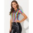 thumbnail image 2 of INSPIRE CHIC Women's Party Metallic Textured Short Sleeve Shiny Multicolor Top X-Small Rainbow Color, 2 of 5