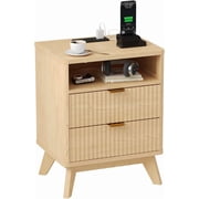 Fluted Nightstand with USB Charging Station, Modern Bedside Table with 2 Drawers & Shelf, End Table for Bedroom Living Room Office