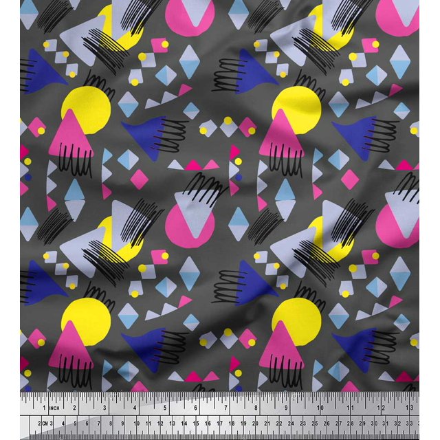 Soimoi Gray Cotton Voile Fabric Circle & Triangle Geometric Printed Craft Fabric by the Yard 56 Inch Wide