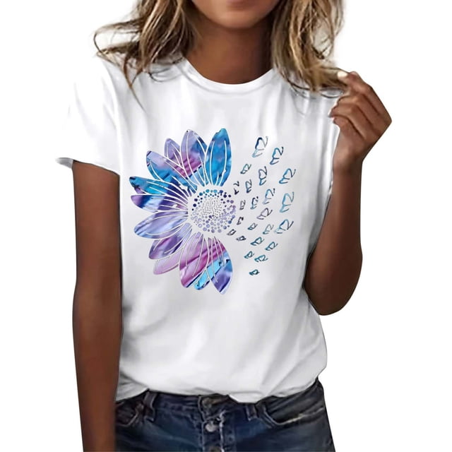 WEIYLL Womens T-Shirts Letter Print Short Sleeve Crew Neck White Tees Sizes XXL