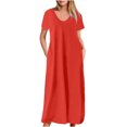 thumbnail image 1 of AherBiu Robe T-Shirt Longue Grande Taille pour Femmes à Manches Courtes, Col en V, Été, Décontractée, Confortable, avec Poches, 1 of 5