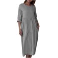 thumbnail image 1 of Mrat Longues Robes d'Été 2024 pour Femmes, Couleur Unie, Manches Trois-Quarts, Col Rond, Robe Décontractée Ample avec Poches, Robes Trapèze pour Femmes P-158 Gris TG, 1 of 7