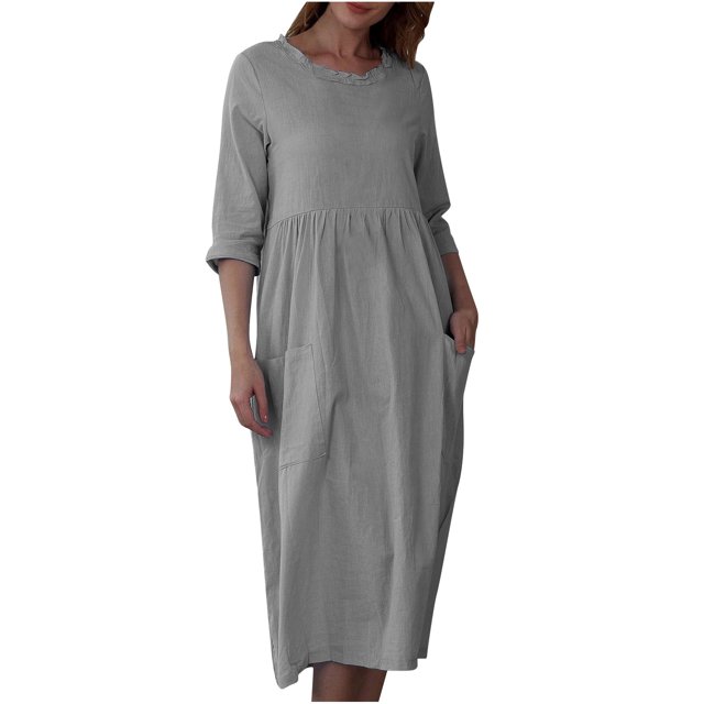 Mrat Longues Robes d'Été 2024 pour Femmes, Couleur Unie, Manches Trois-Quarts, Col Rond, Robe Décontractée Ample avec Poches, Robes Trapèze pour Femmes P-158 Gris TG