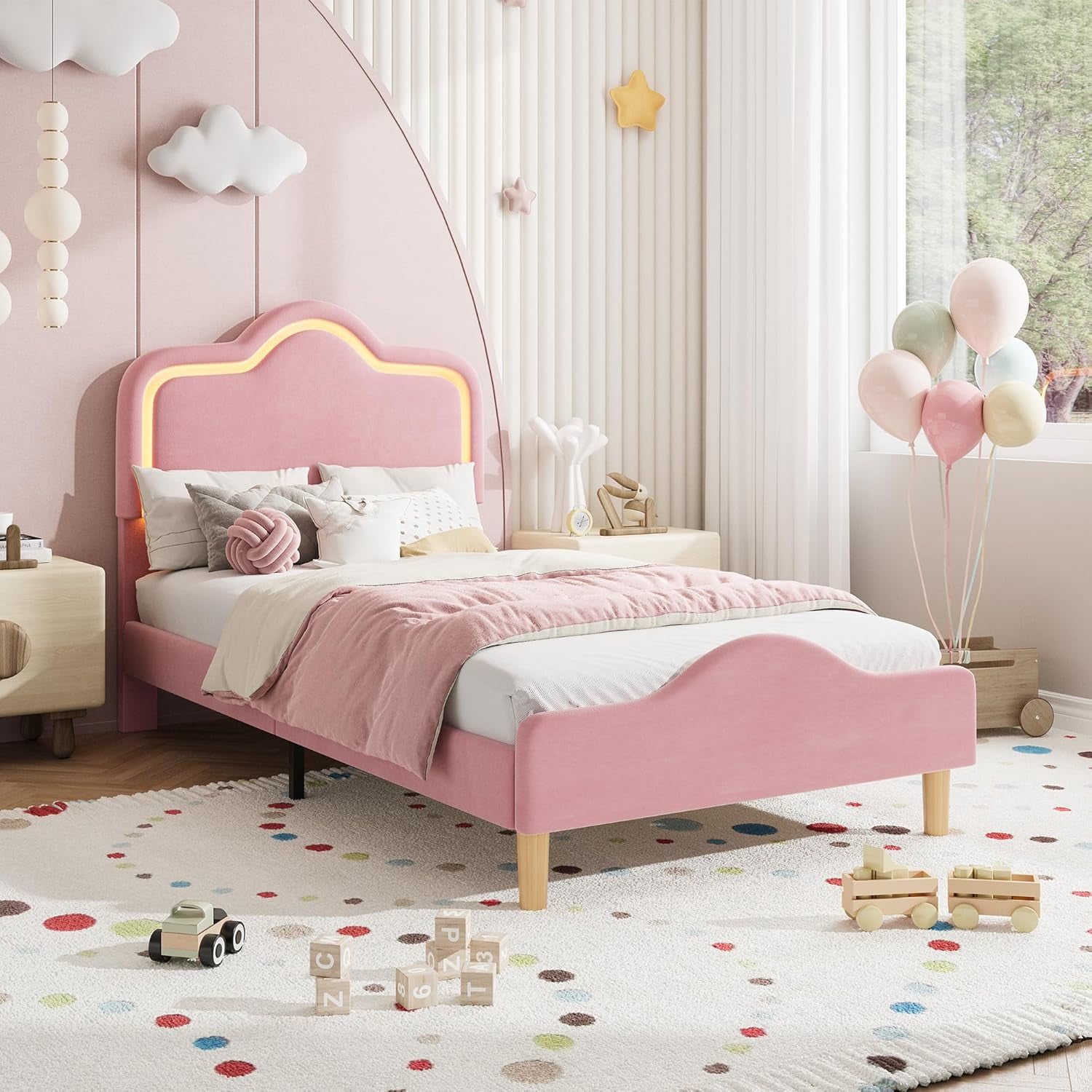 Twin Size Upholstered LED Bed Frame with Adjustable Headboard and ...
